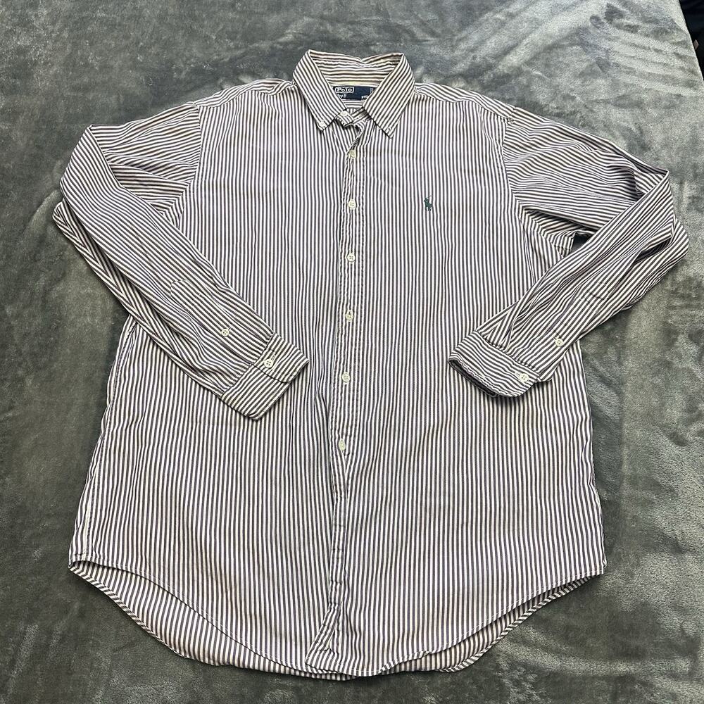 Ralph Lauren Polo‎ Button Down Shirt Men’s 16 Purple, White Stripped Classic Fit